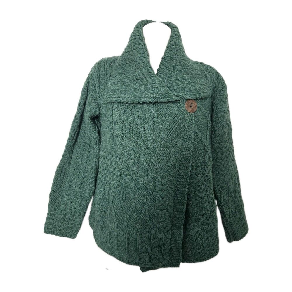 Aran Sweater green 100% Merino Wool Cable-knit Cardigan Ireland Size S new